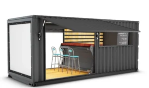 Picture of a shipping container exterior with a front window, converted into a small bar.